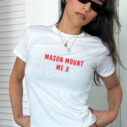 White fitted baby tee with red “Mason Mount Me X” slogan, styled casually with a shoulder bag, perfect for England football fans and match day outfits